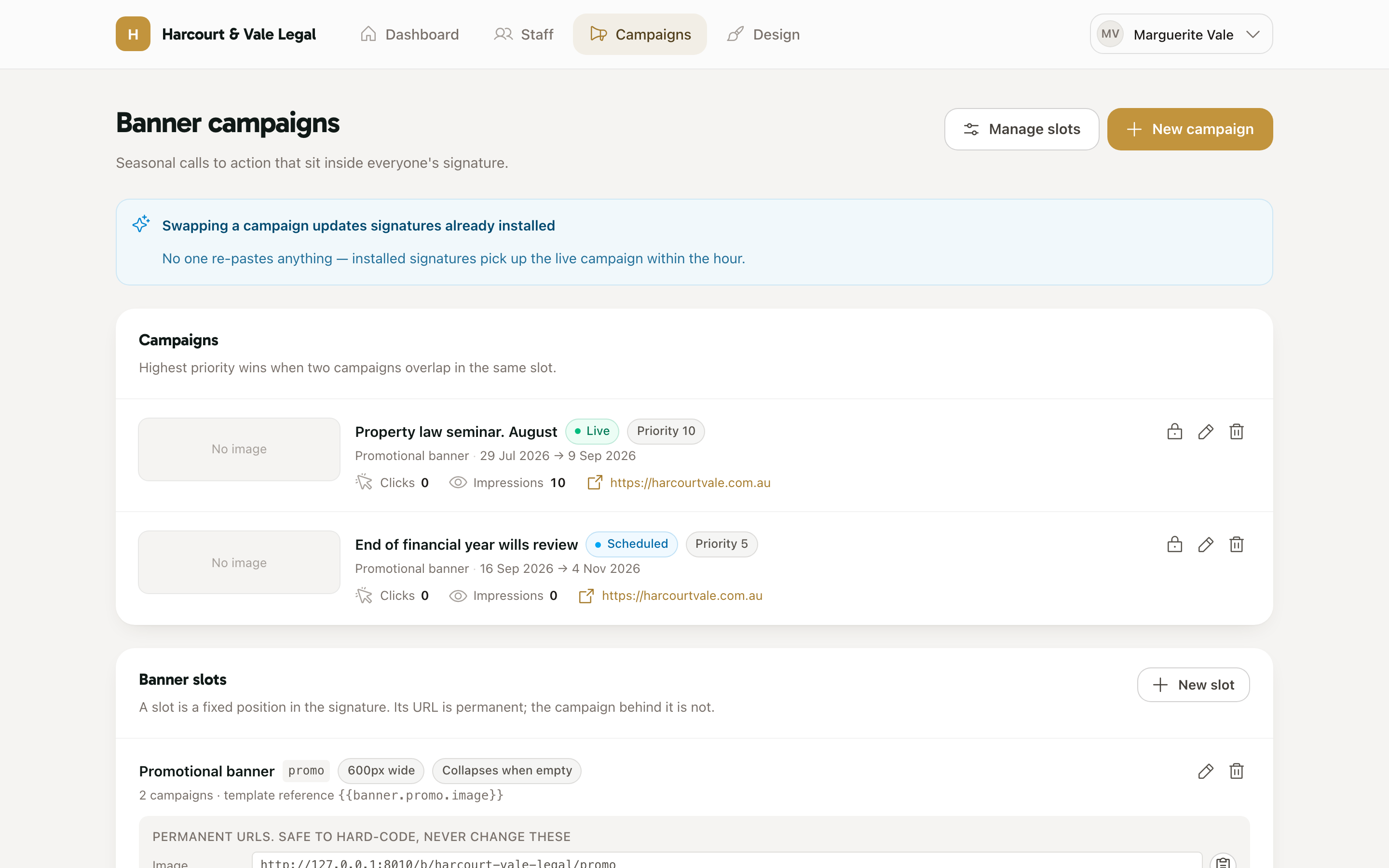 The campaigns page: scheduled campaigns with click stats above the banner slots and their permanent URLs