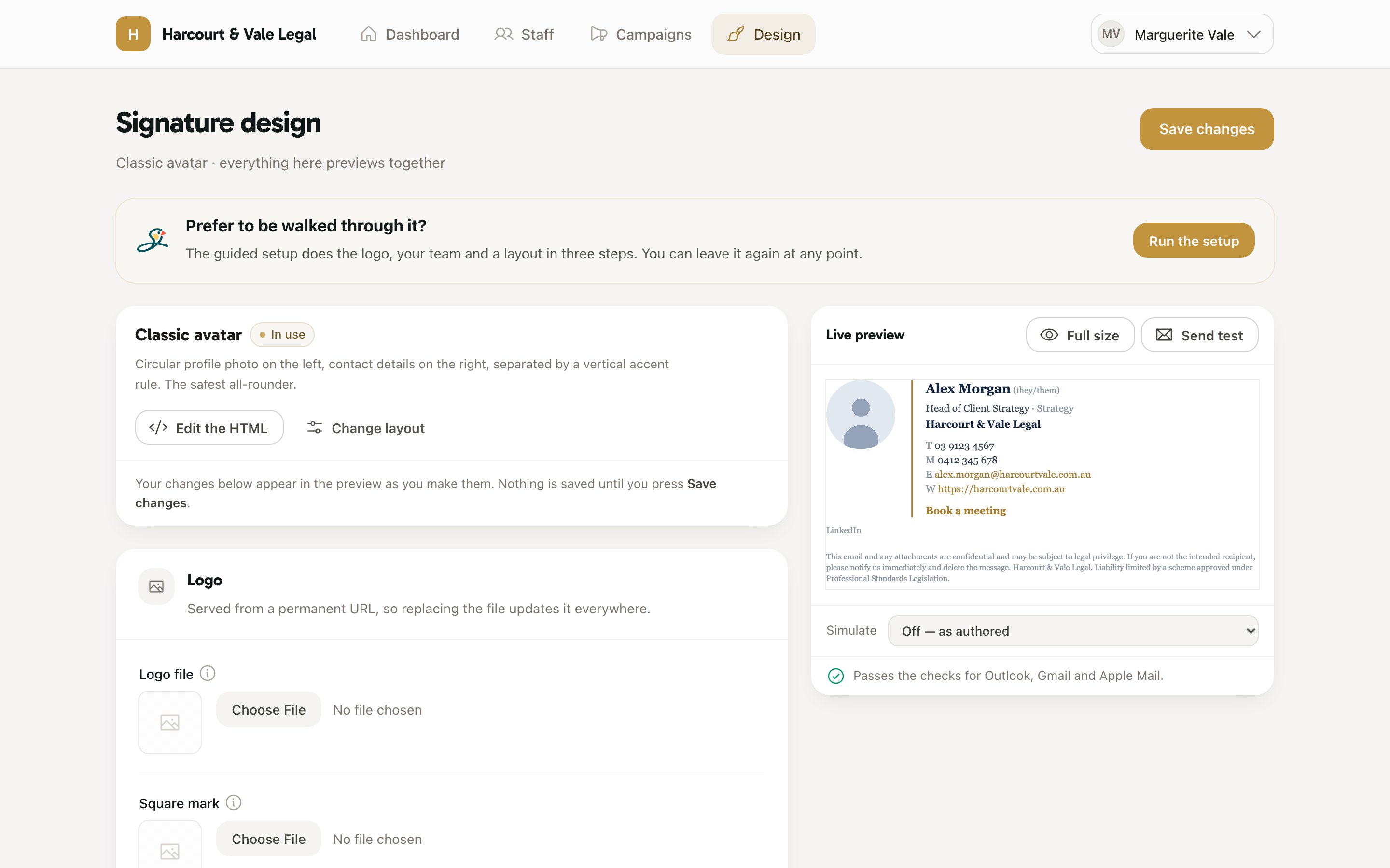 The SigFinch design tool: brand controls on the left, a live signature preview with deliverability checks on the right