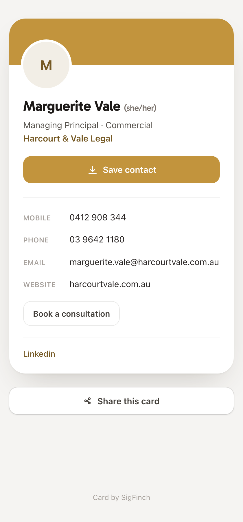 A digital business card page: branded header, save-contact button, contact details and a share button