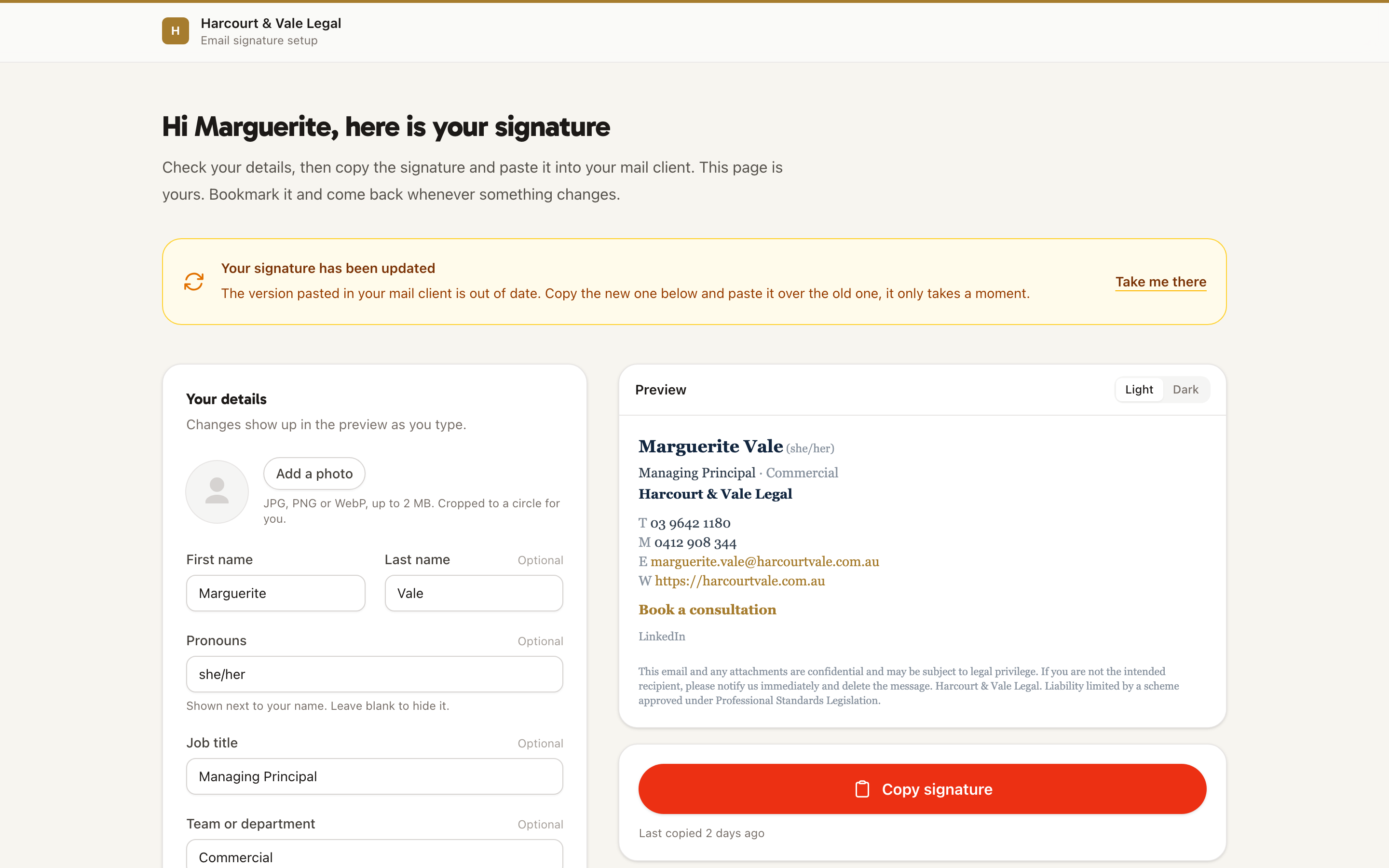 A personal signature page: the person's own details on the left, a live preview and copy button on the right