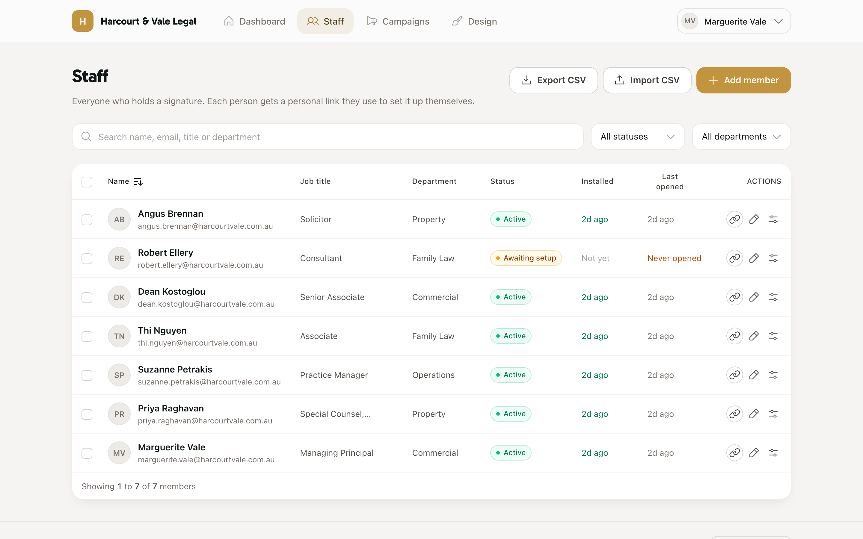 The staff page listing every signature holder with status, install state and actions